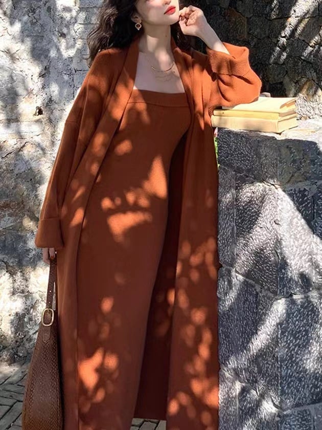 【set】ロング丈カーディガン×ベアトップワンピースセット　N2799