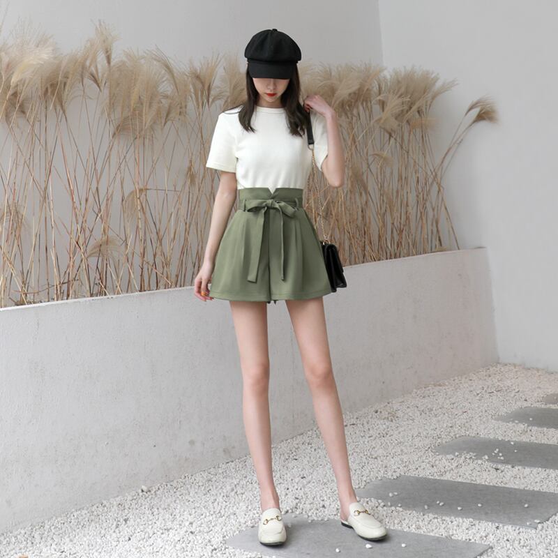 【bottoms】ファッション無地合わせやすいウエストリボンショートパンツ