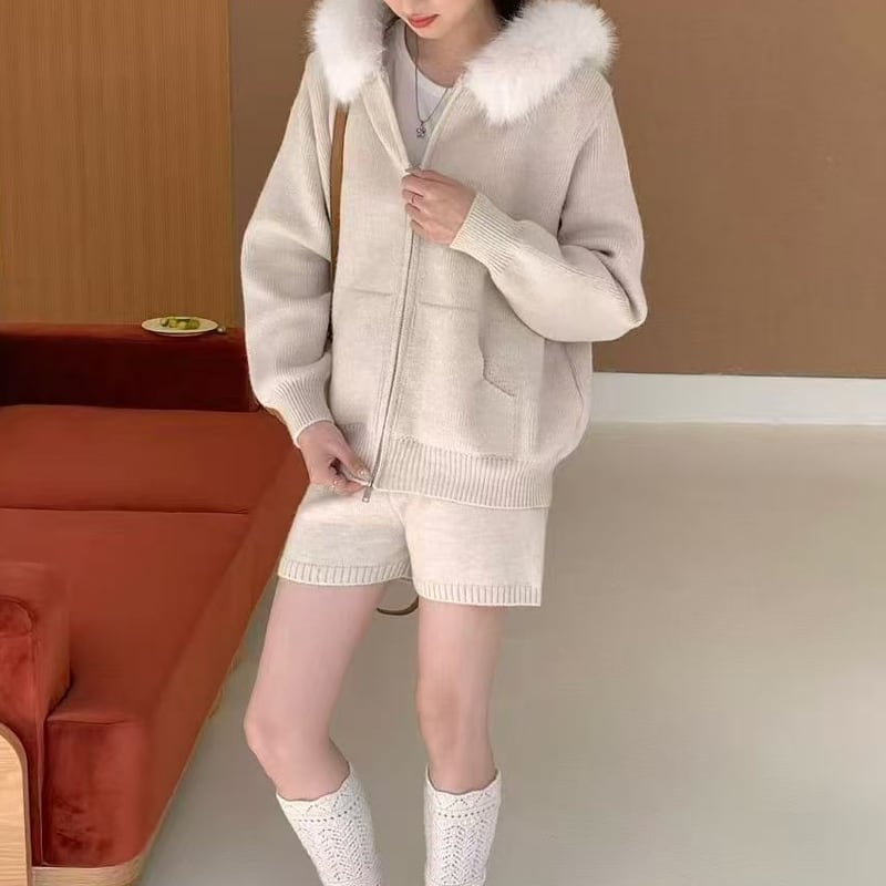 【set】ファー付きニットカーディガン×ショートパンツセット Q7467