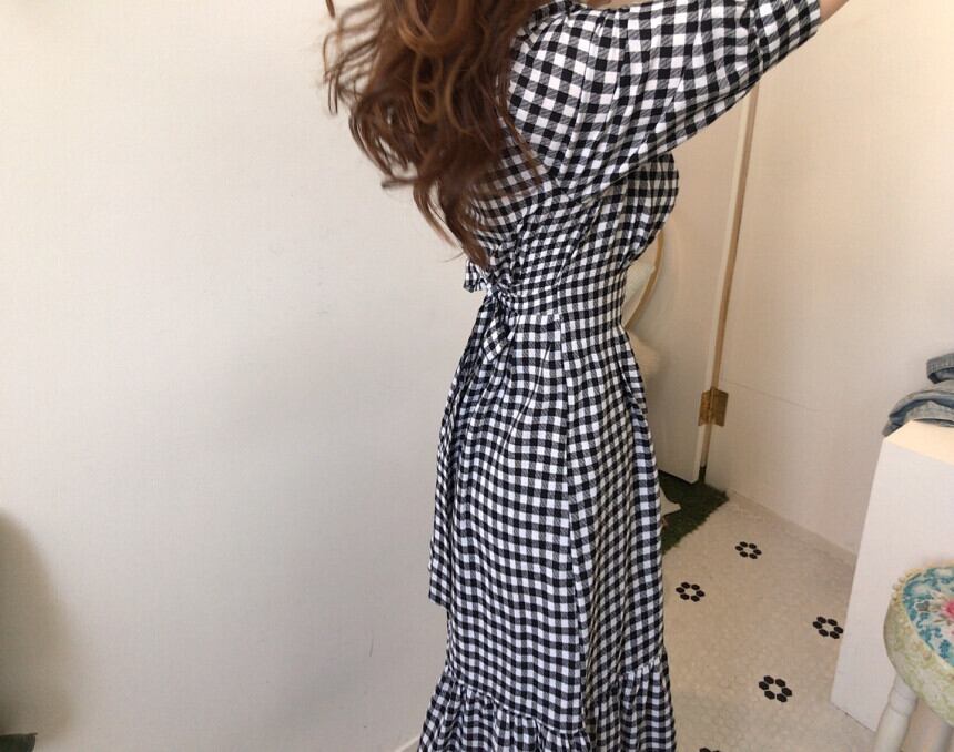 【dress】優しい雰囲気気質満点レトロスクエアネック着痩せ5分袖チェック柄ワンピース G1641
