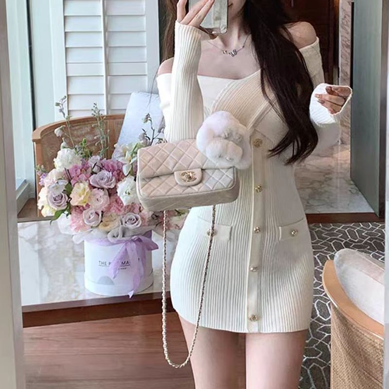 【dress】オフショルダーニットワンピース Q7594