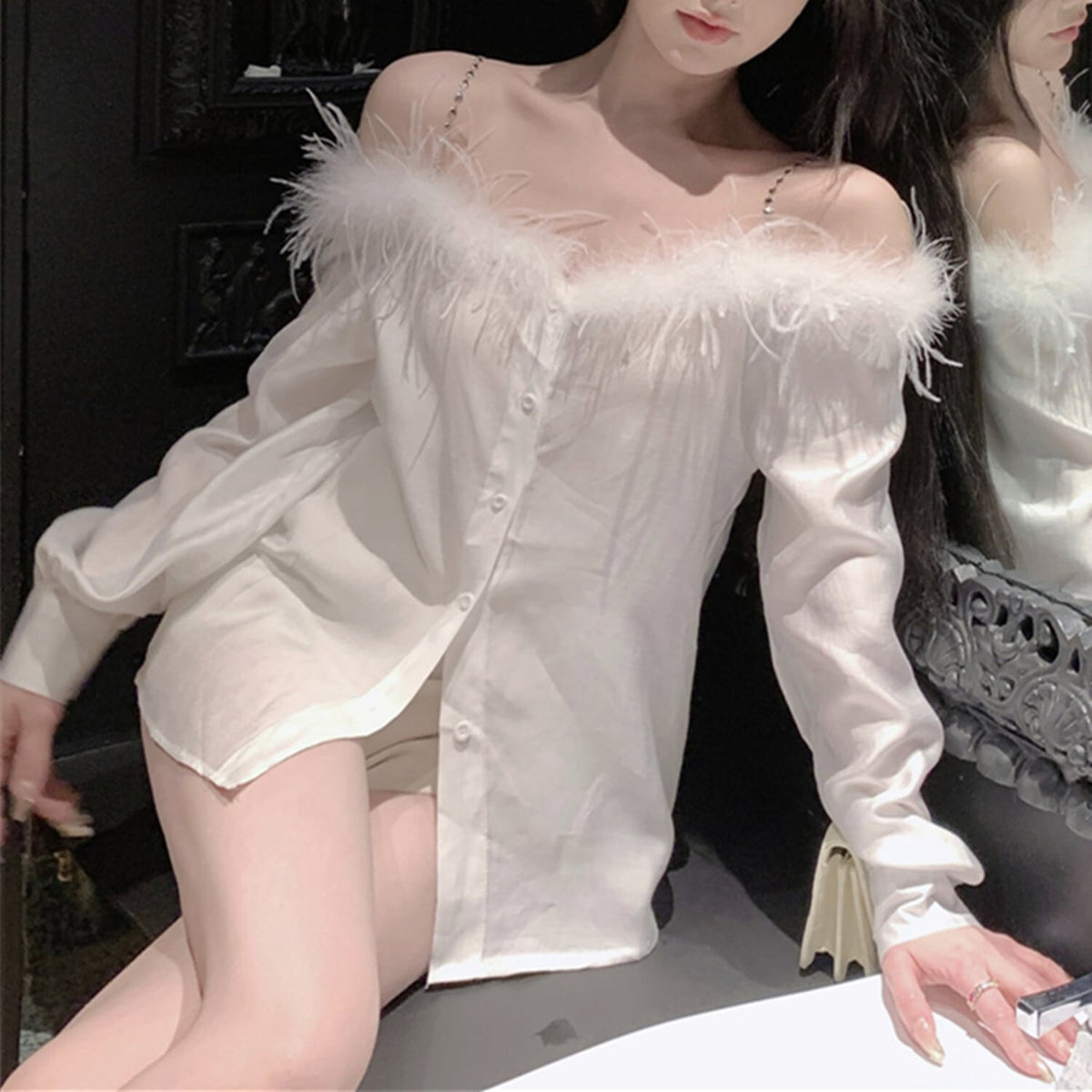 【tops】フェイクファーオフショルダートップス　N2690