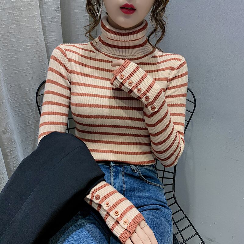 【tops】一目惚れ！4色ハイネック長袖体型カバーボーダー柄ファッションニットセーターF1046
