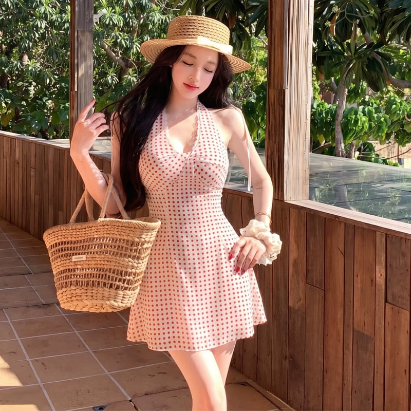 【dress】ドット柄ホルターネックミニワンピース Q8497
