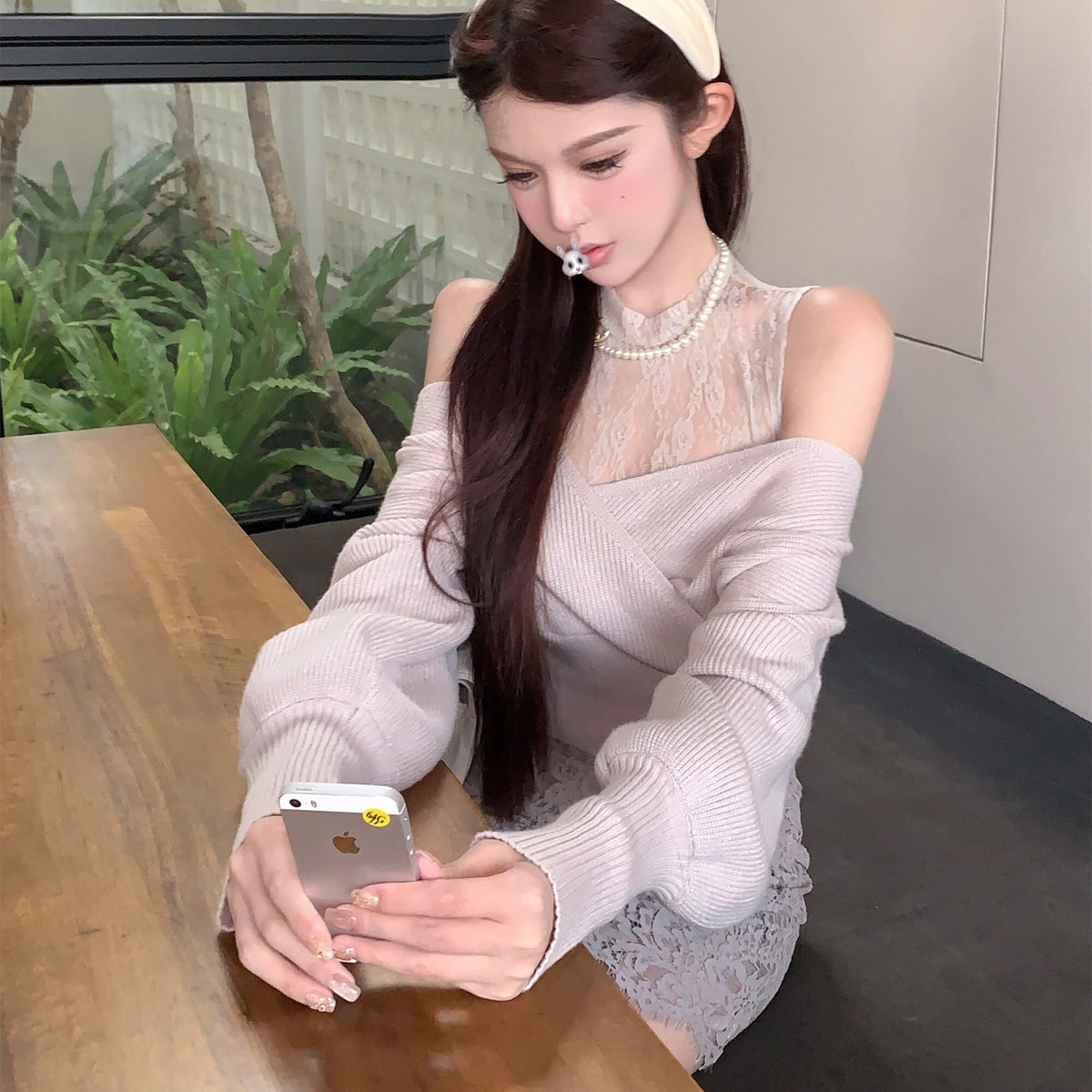 【set】カシュクールニットトップス×レースインナー×レーススカート3点セット　N2878