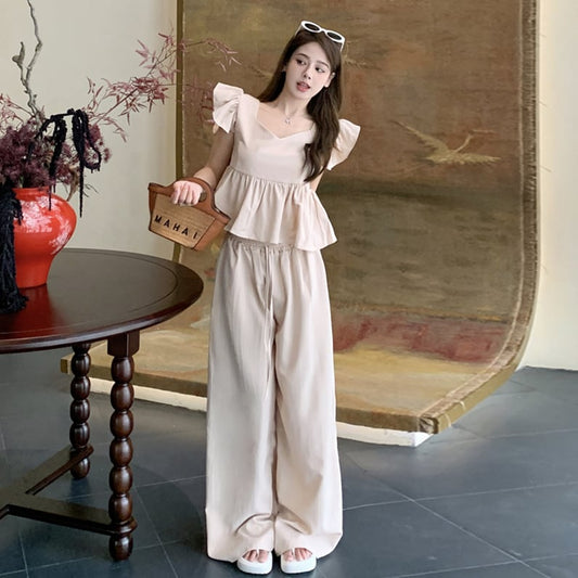 【set】フレンチスリーブトップス+ガウチョパンツ２点セットG21524