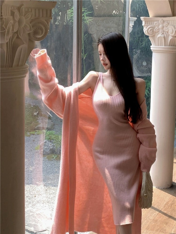 【set】ロング丈カーディガン×ニットワンピースセット　N2021