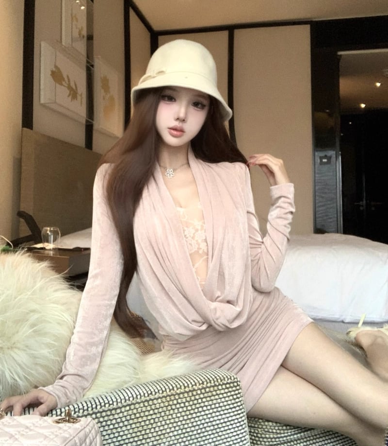 【dress】レースドッキングドレープドネックタイトワンピース Q7546