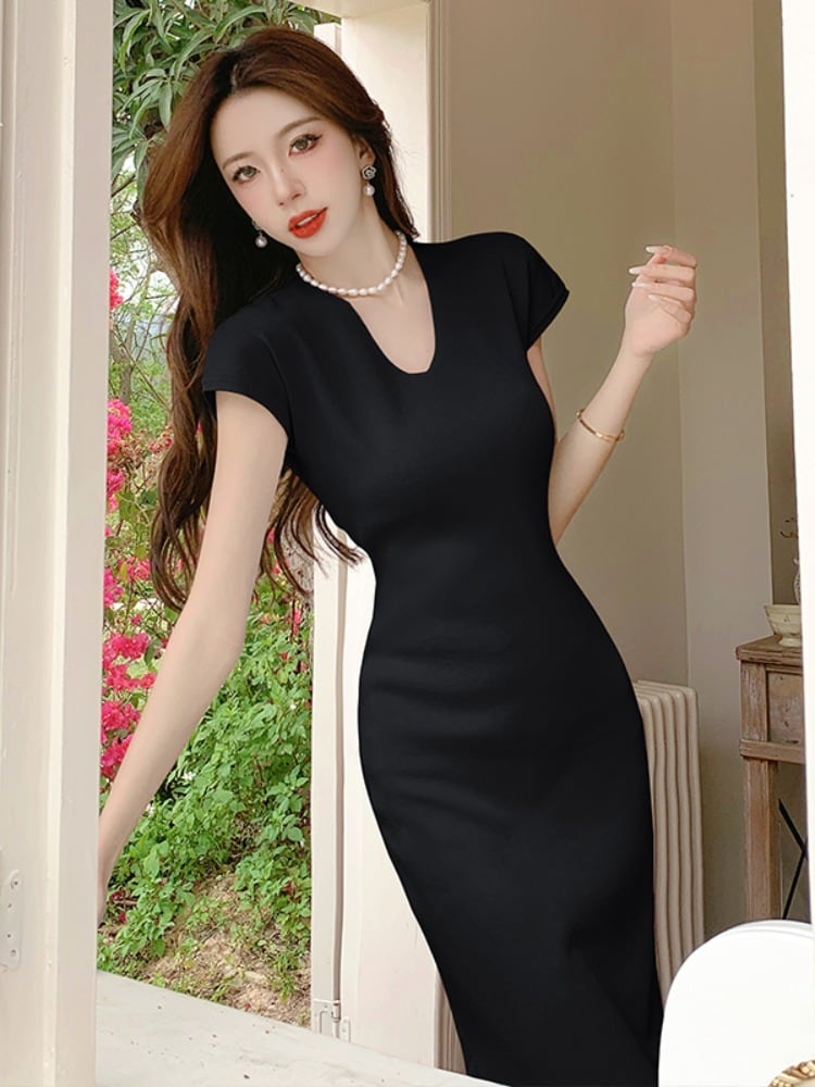 【dress】VネックマーメイドニットワンピースF7441