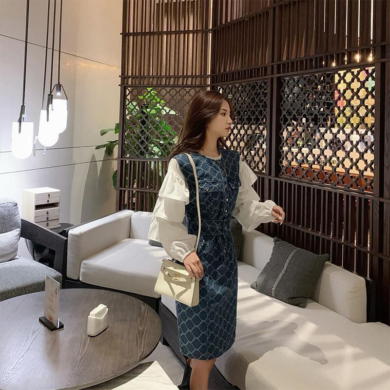 【set】清純甘くて女子力UP！気質満点ファッショントップス+デニムワンピース２点セット G9443