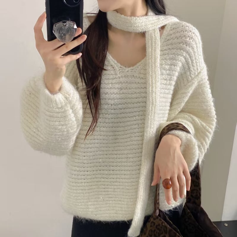 【tops】スカーフ付きニットトップス Q7165