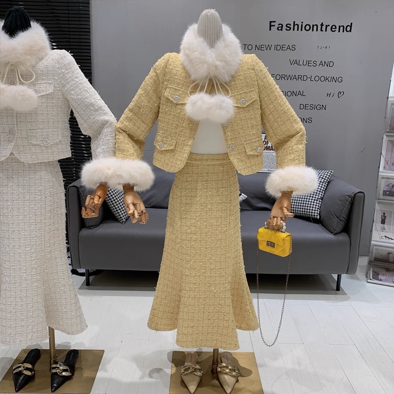【set】ファー付きツイードジャケット×ロングスカートセット Q7463