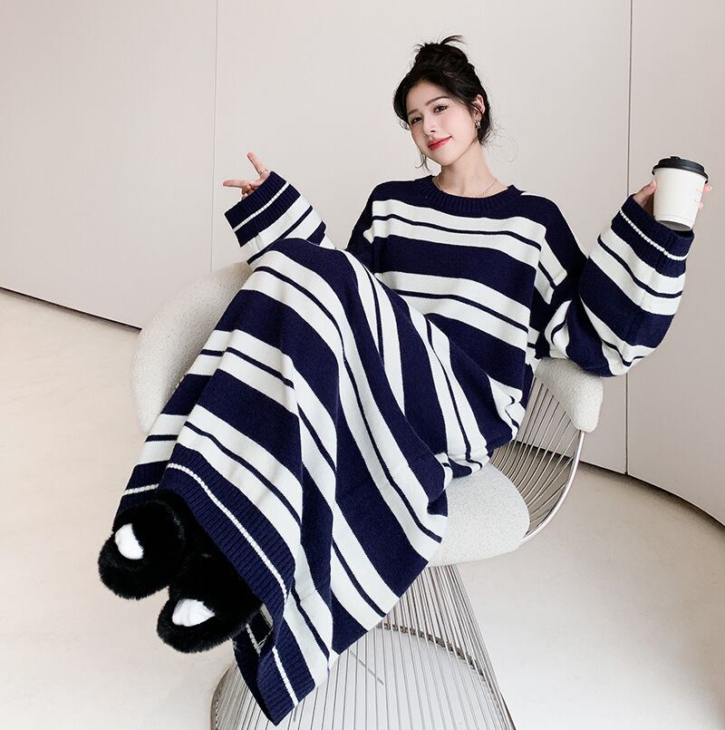 【dress】ボーダー柄ロングニットワンピース　N2185