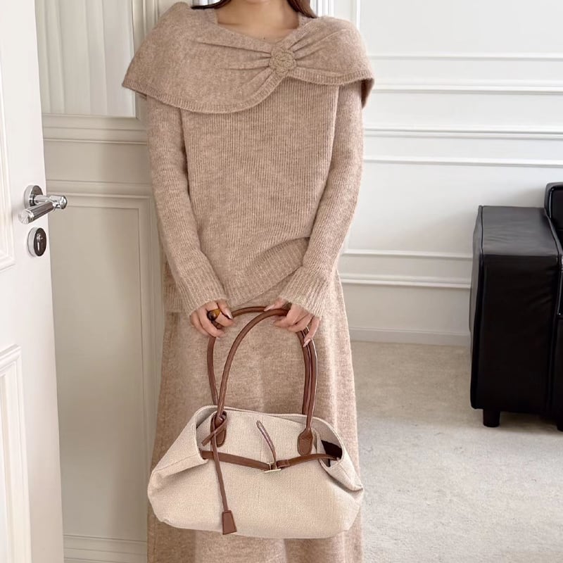 【set】ビッグカラーニットトップス×ロングスカートセット Q6955
