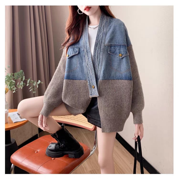 【outer】デニム切り替えニットカーデ　M25746