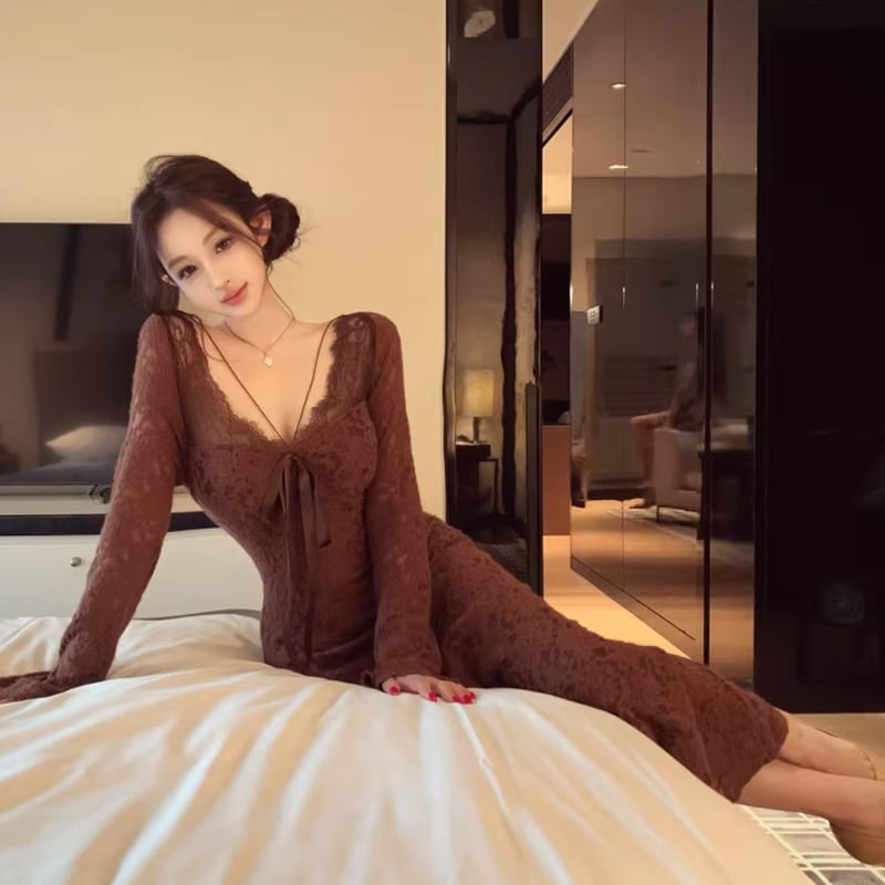 【dress】胸パット付きロングレースワンピース Q8167