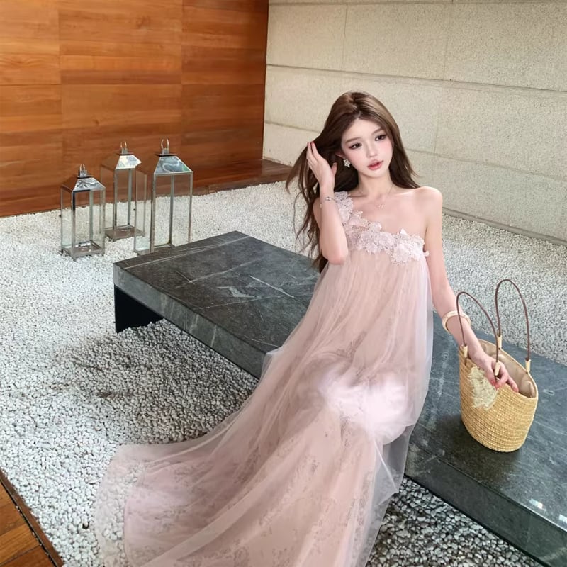 【dress】レースドッキングワンショルダーロングワンピース Q8444