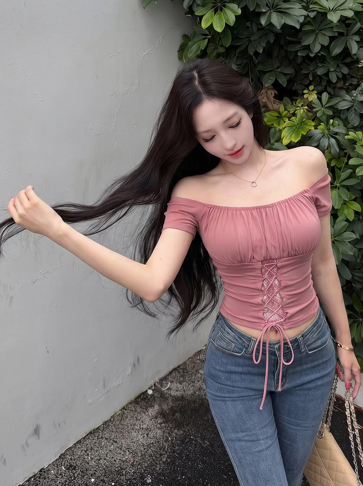 【tops】リボン付きスクエアネックトップス Q8738