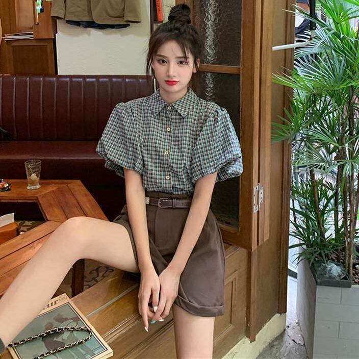 【set】チェック柄ブラウス+ショートパンツ２点セットG21352