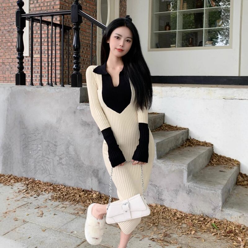 【dress】フェイクレイヤードニットワンピース Q7122