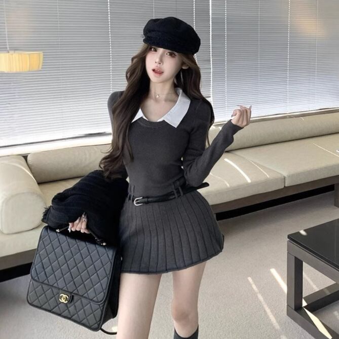 【dress】折り襟ニットワンピース　M28887