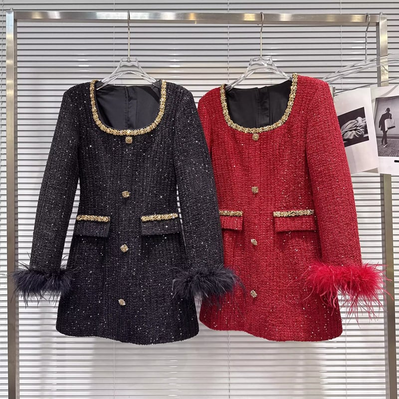【dress】袖ファースクエアネックツイードワンピース Q7443