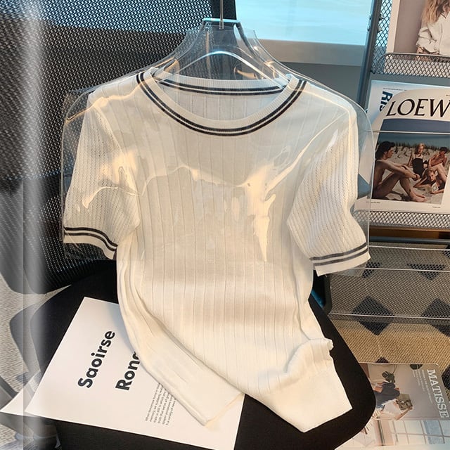 【tops】3色ラウンドネックニットＴシャツF7286