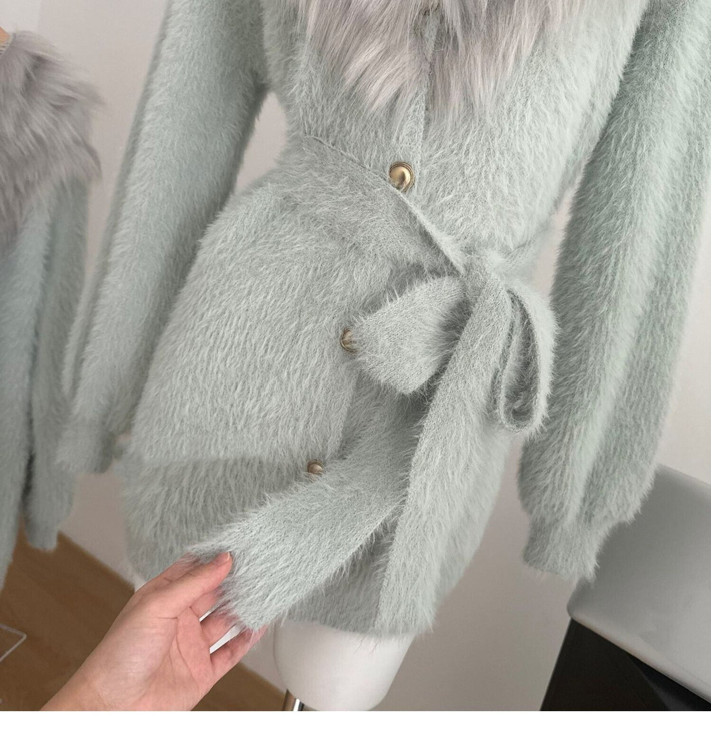 【outer】Vネックファードッキングニットカーデ　M28408