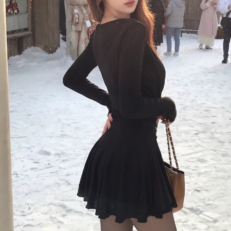 【dress】レースドッキングフレアワンピース Q7616