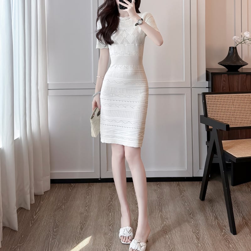 【dress】半袖透かし編みニットワンピース Q8492