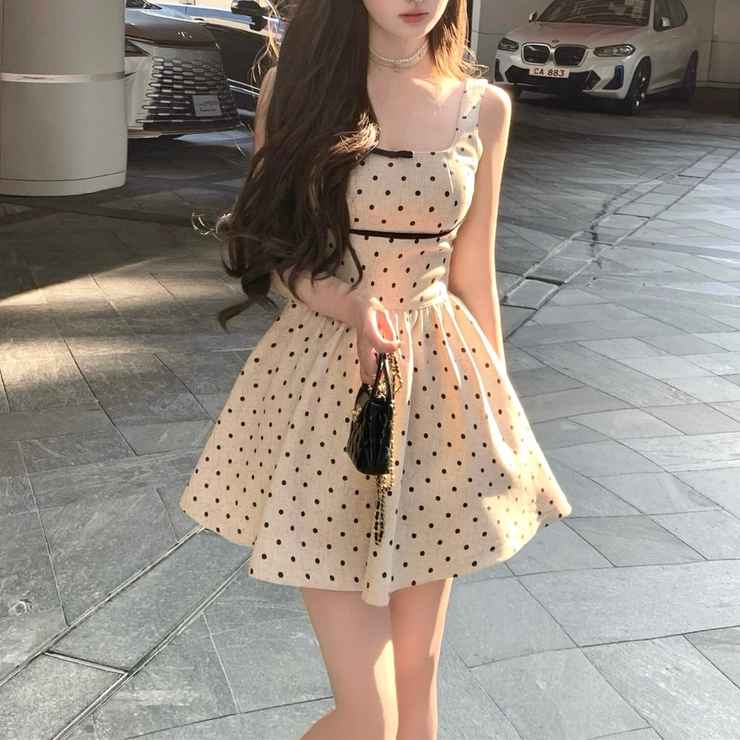 【dress】バックリボンドット柄ミニワンピース　M30198