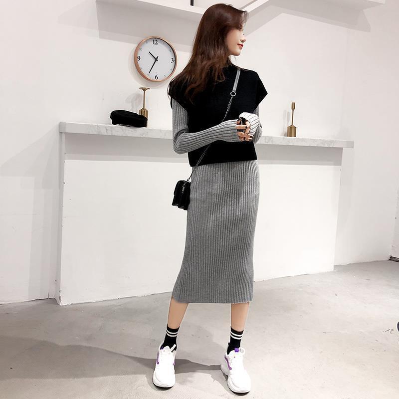 【set】秋冬新作好感度UP!気質満点ファッションベスト+ニットワンピース２点セット G3606