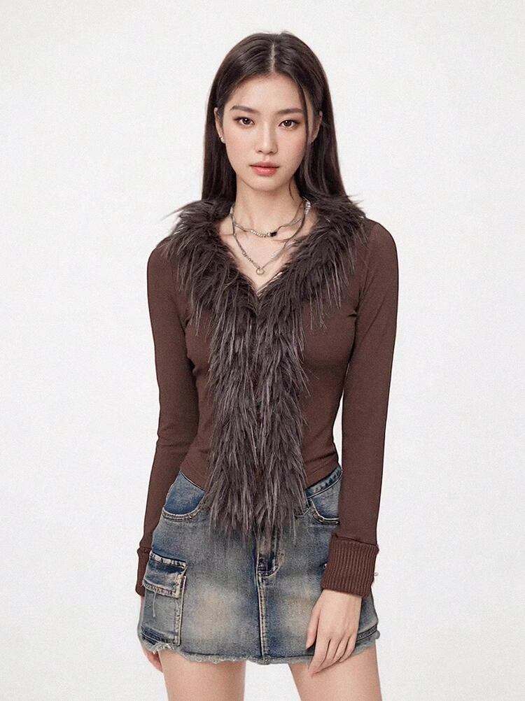 【tops】ファードッキングニットトップス Q7617