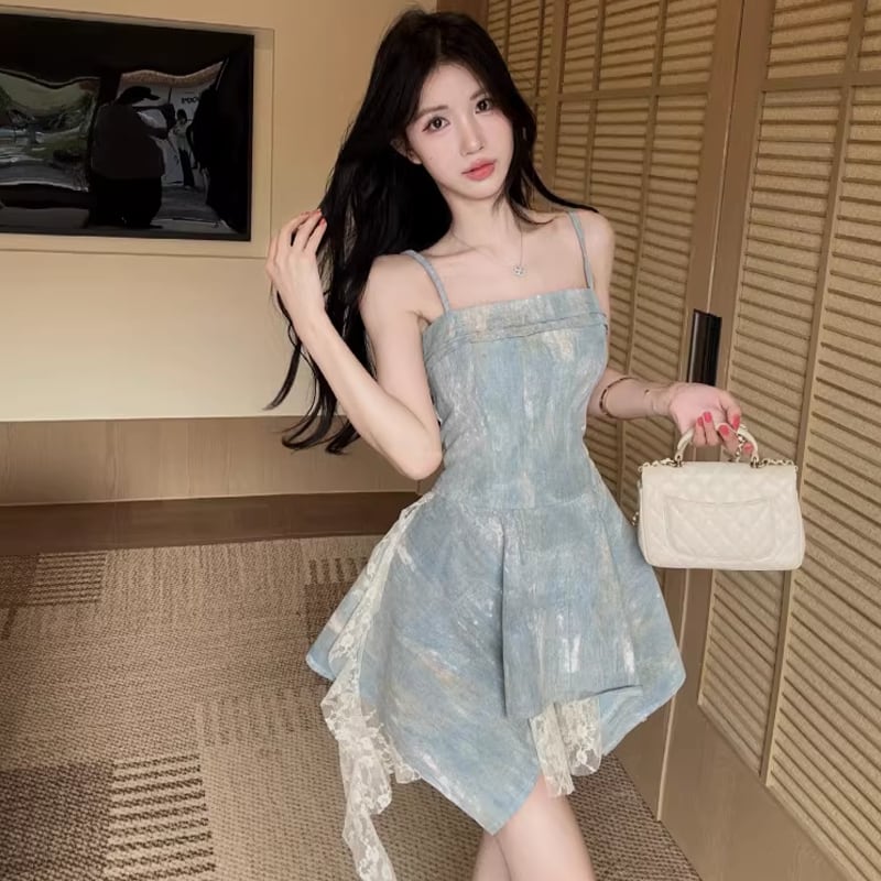 【dress】レースドッキングデニムキャミワンピース Q8340