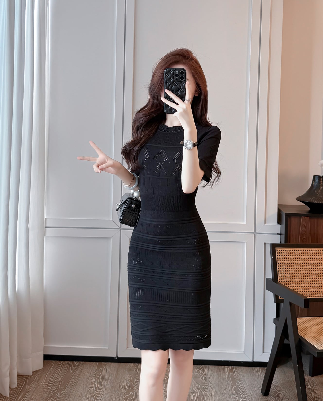 【dress】半袖透かし編みニットワンピース Q8492