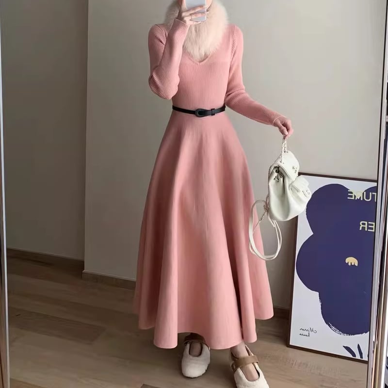 【dress】ベルト付きフレアロングニットワンピース Q7824