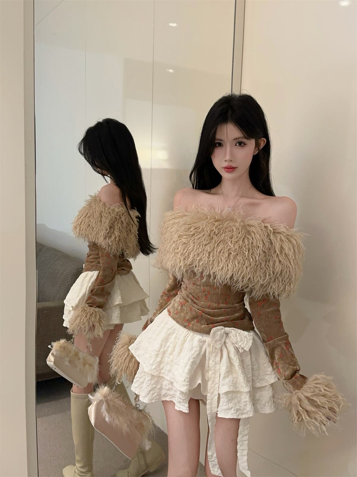 【set】ファードッキング花柄オフショルダー裹起毛トップス×リボン付きスカートセット　M28464
