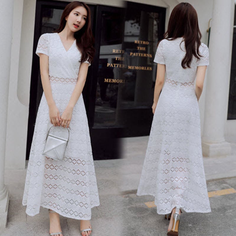 【dress】今季トレンドレース着痩せハイウエストAライン透かし彫り無地ワンピースF0117