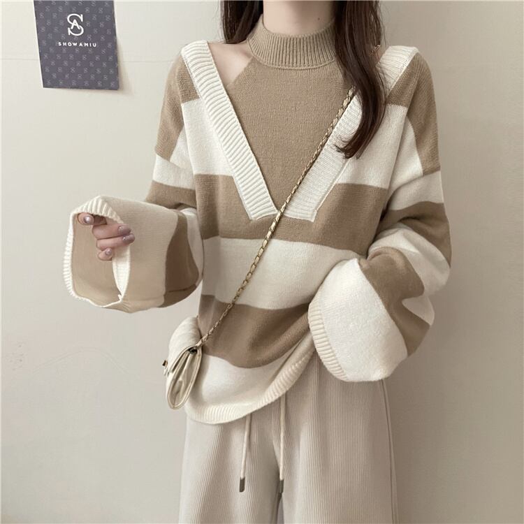 【tops】オフショルダーストライプ柄ニットG17450