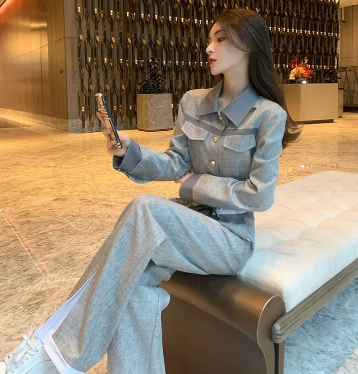 【set】偽二つ切り替えトップス+パンツセットアップF6077