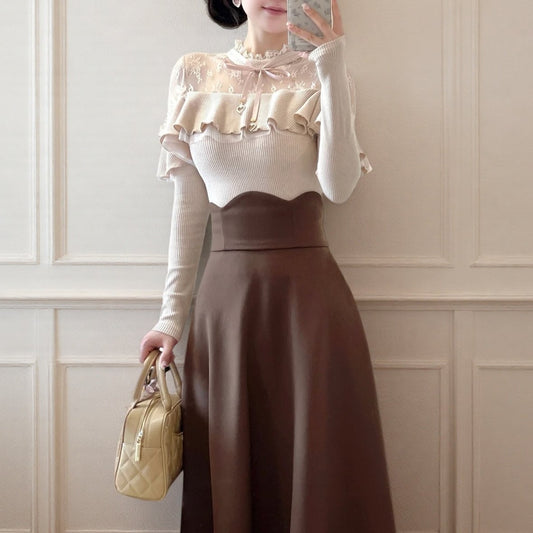 【set】レースフリルニットトップス×ロングスカートセット N3477
