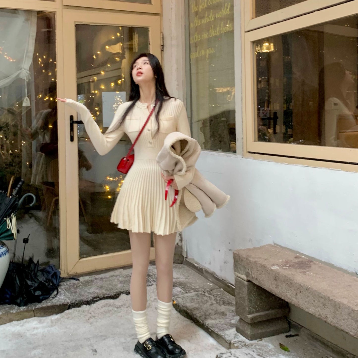 【dress】長袖AラインニットワンピースF8057