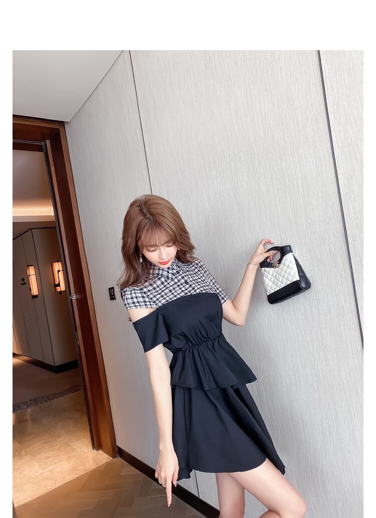 【dress】高級感!気質満点OL通勤POLOネック切り替えチェック柄ワンピースF0033