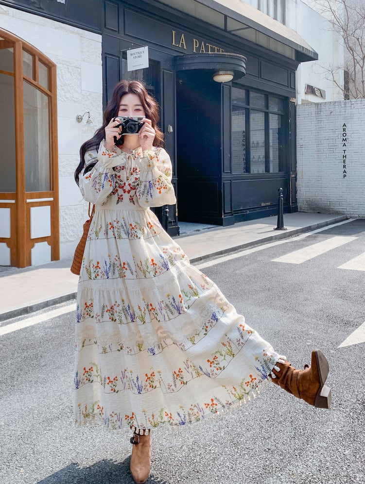 【dress】フリンジ付き花柄ロングワンピース Q8225