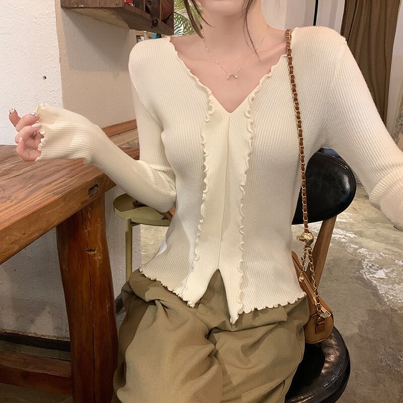 【tops】Vネックフリルニットトップス　M18839