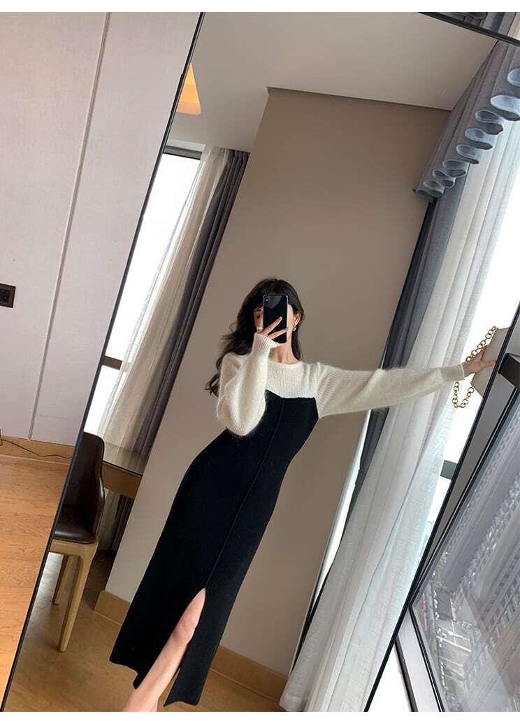 【dress】好感度UP!気質満点カラーマッチングレトロスリット着痩せニットワンピース G3908