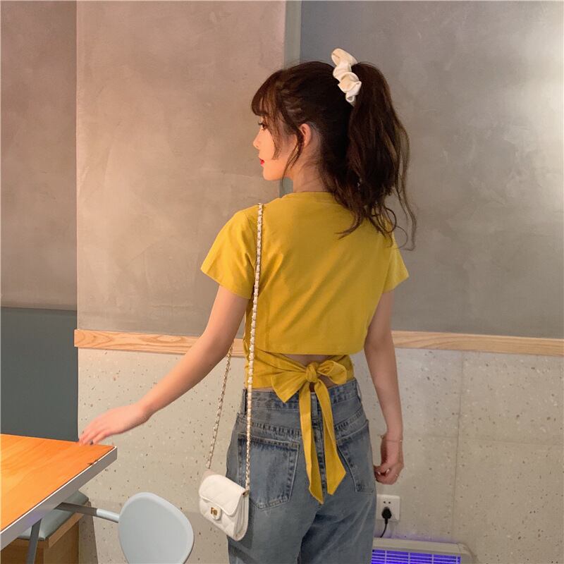 【tops】選べる5色！ラウンドネック半袖無地着回し蝶々結びTシャツ