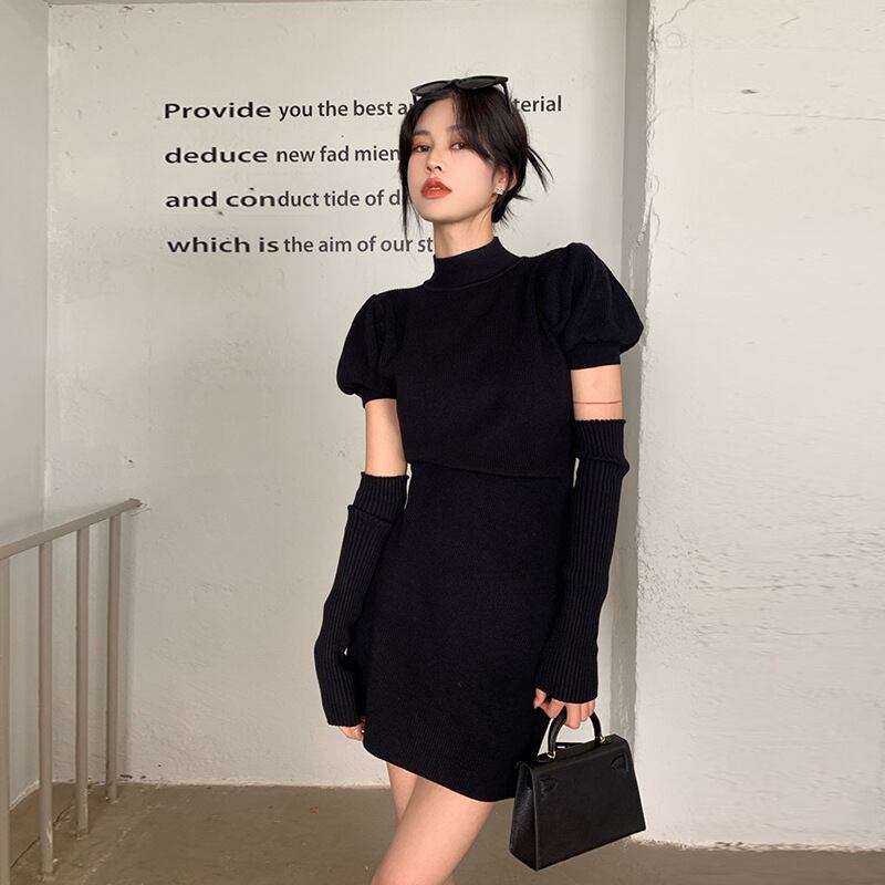 【dress】美人度アップ!気質満点アームカバー付きタイトセクシーギャルニットワンピース G10003