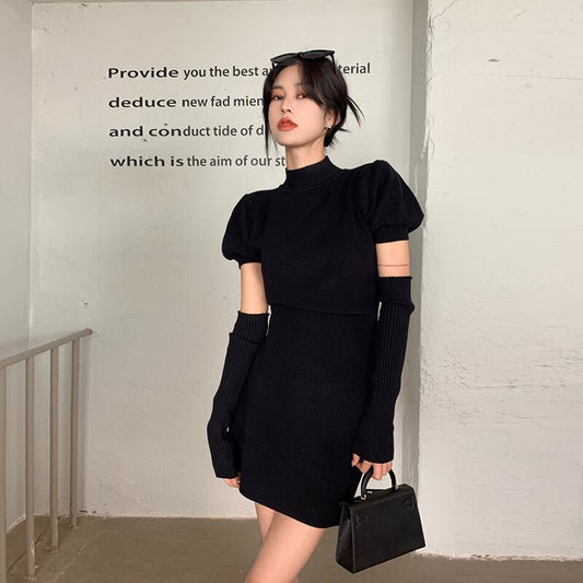 【dress】美人度アップ!気質満点アームカバー付きタイトセクシーギャルニットワンピース G10003