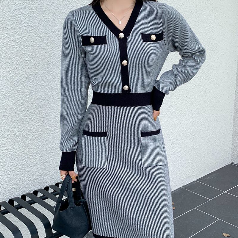 【dress】Vネックニットワンピース Q7038